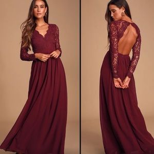 LULU’S- Awaken My Love Burgundy Long Sleeve Lace/Crochet Maxi Dress